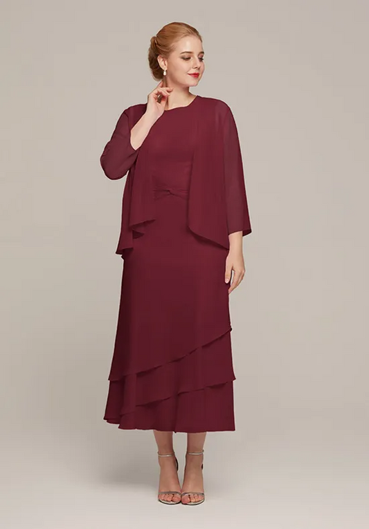Two-Piece Chiffon Jacket Round Neck Ruched Tiered Tea-Length Mother of the Bride Dresses