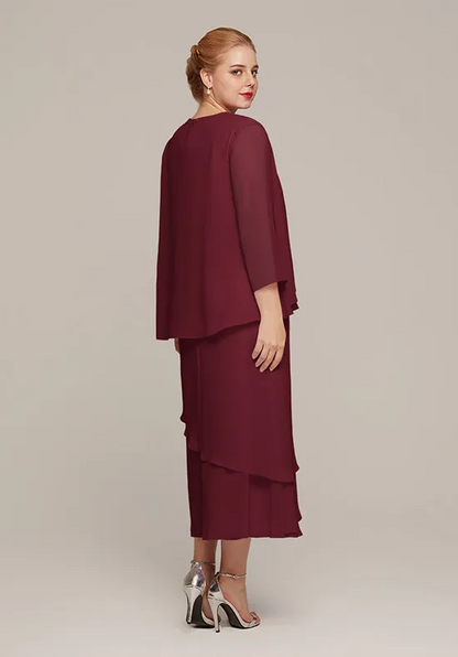 Elegant Chiffon Two-Piece Round Neck Ruched Tiered Tea-Length Mother of the Bride Dress with Jacket