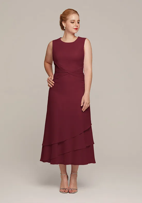 Elegant Chiffon Two-Piece Round Neck Ruched Tiered Tea-Length Mother of the Bride Dress with Jacket