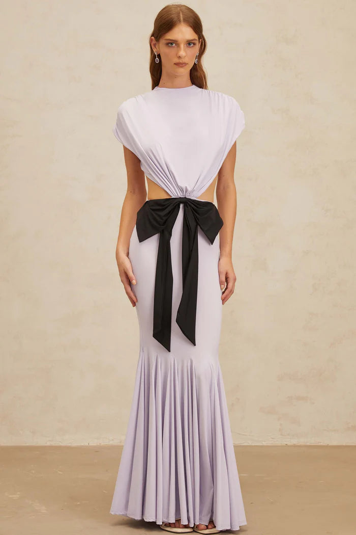 Two-Tone Cutout Waist High Neck Capelet Sleeve Mermaid Evening Dress