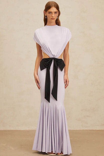 Two-Tone Cutout Waist High Neck Capelet Sleeve Mermaid Evening Dress