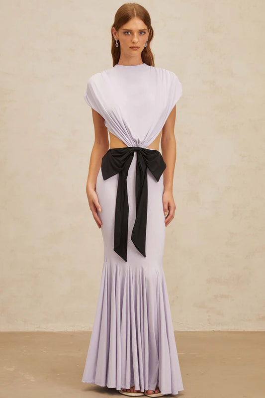 Two-Tone Cutout Waist High Neck Capelet Sleeve Mermaid Evening Dress