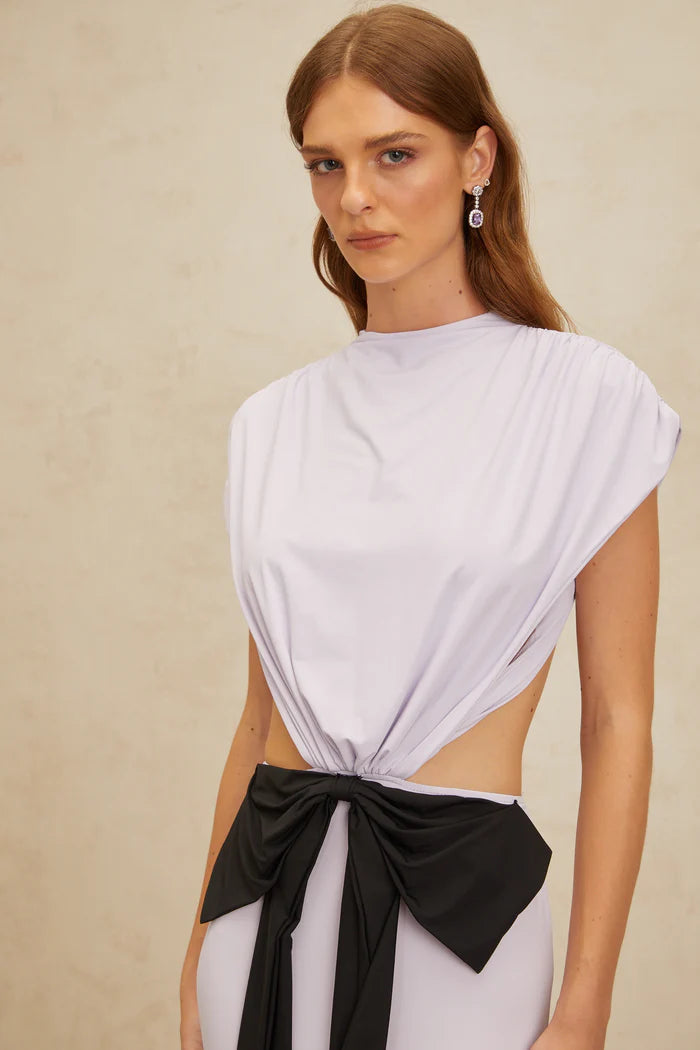 Two-Tone Cutout Waist High Neck Capelet Sleeve Mermaid Evening Dress