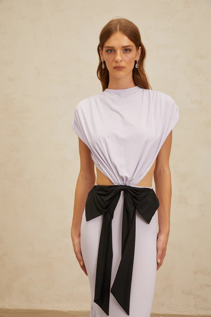 Two-Tone Cutout Waist High Neck Capelet Sleeve Mermaid Evening Dress