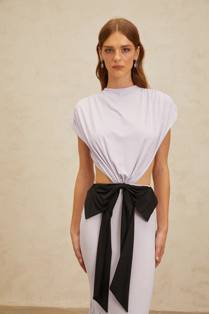 Two-Tone Cutout Waist High Neck Capelet Sleeve Mermaid Evening Dress