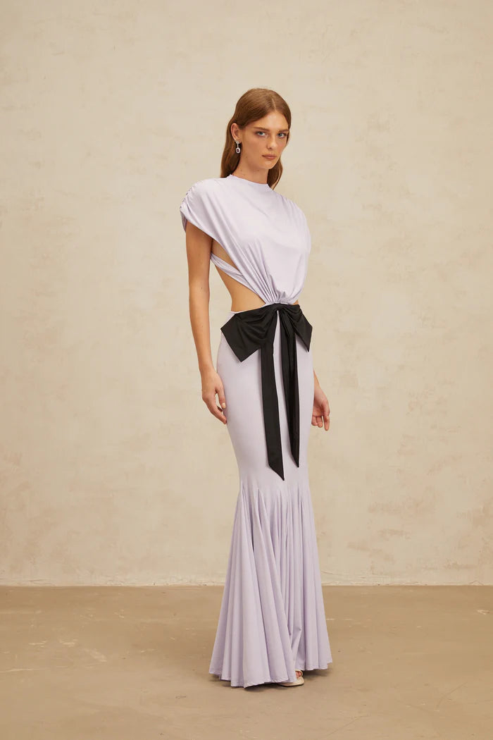 Two-Tone Cutout Waist High Neck Capelet Sleeve Mermaid Evening Dress