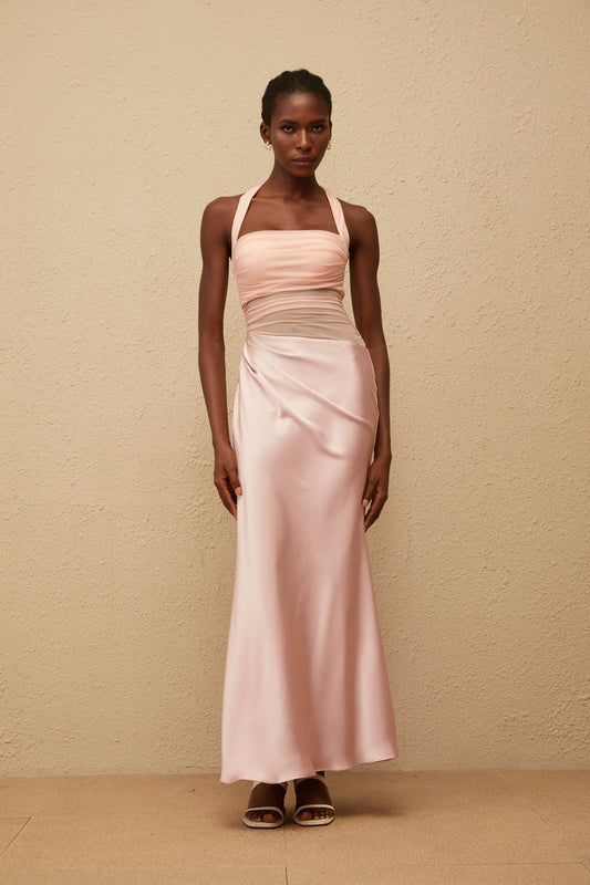 Two-Tone Halter Neck Ruched Mesh Bodice Draped Satin Midi Formal Dress