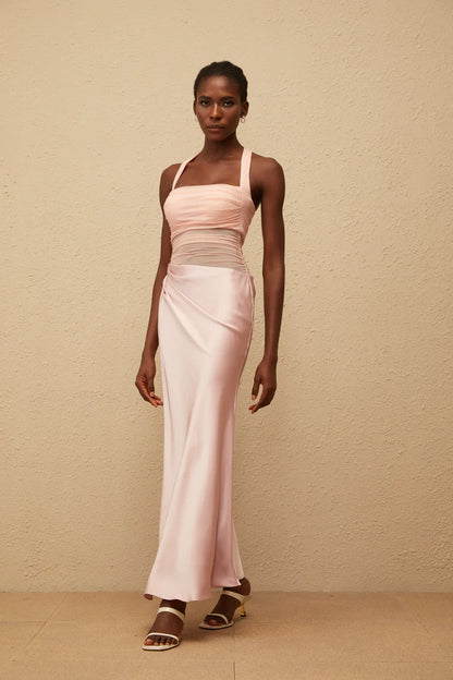Two-Tone Halter Neck Ruched Mesh Bodice Draped Satin Midi Formal Dress