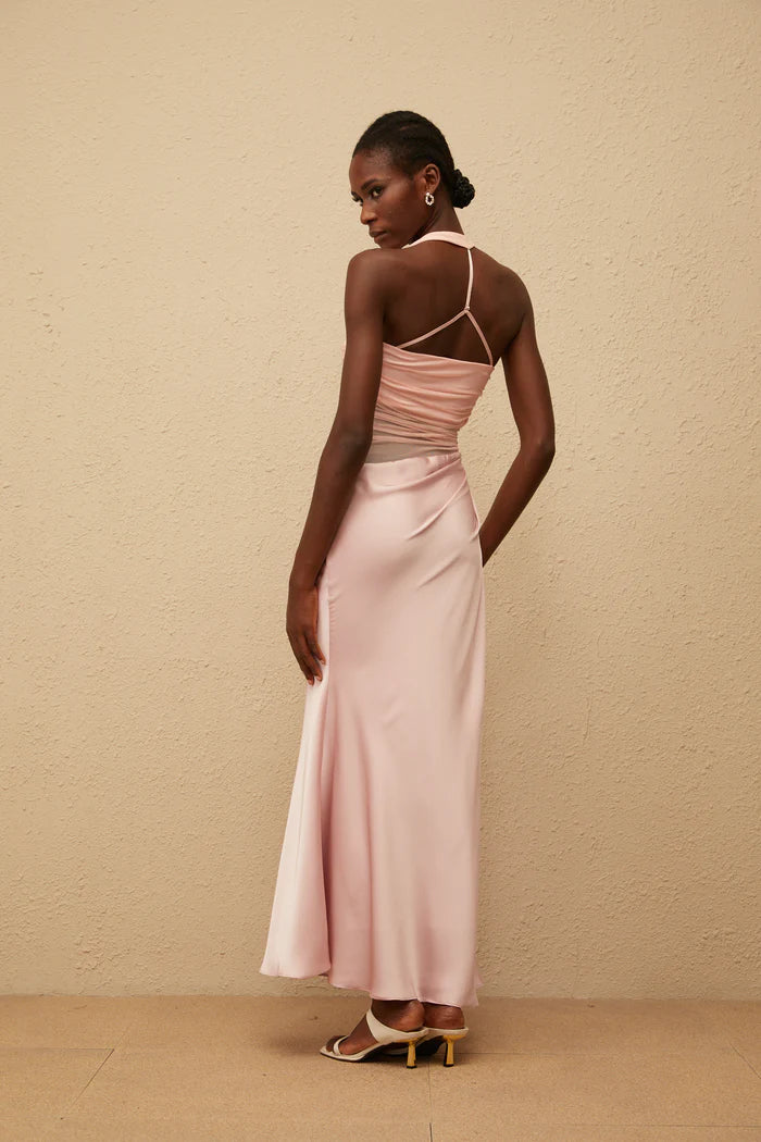 Two-Tone Halter Neck Ruched Mesh Bodice Draped Satin Midi Formal Dress
