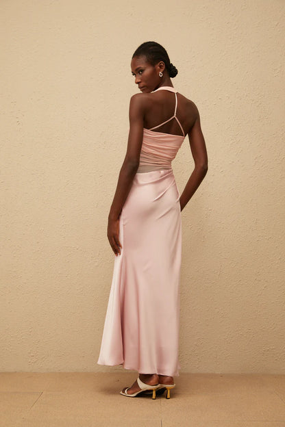 Two-Tone Halter Neck Ruched Mesh Bodice Draped Satin Midi Formal Dress