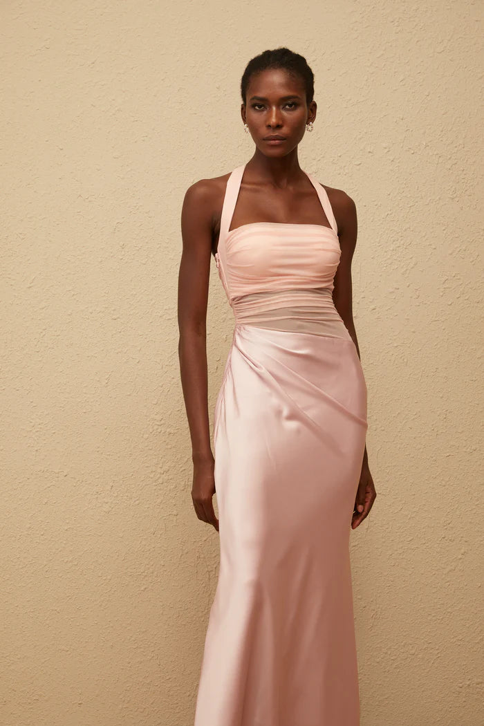 Two-Tone Halter Neck Ruched Mesh Bodice Draped Satin Midi Formal Dress
