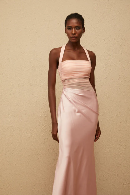 Two-Tone Halter Neck Ruched Mesh Bodice Draped Satin Midi Formal Dress