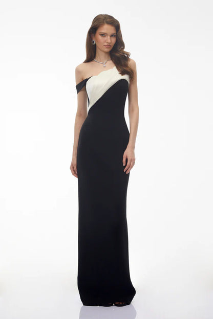 Two-Tone Off The Shoulder Mermaid Floor Length Evening Dress with Scalloped Neckline