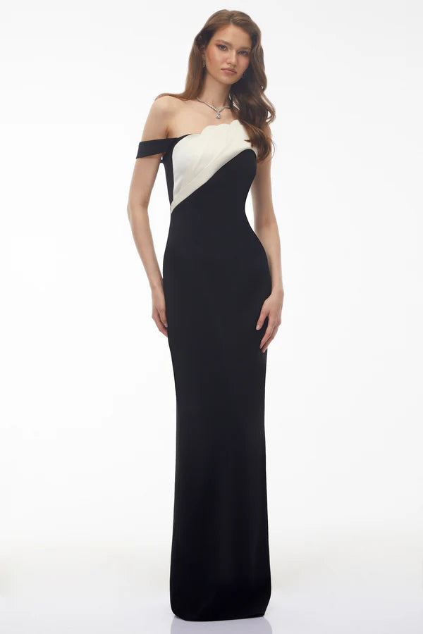 Two-Tone Off The Shoulder Mermaid Floor Length Evening Dress with Scalloped Neckline