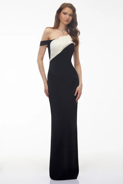 Two-Tone Off The Shoulder Mermaid Floor Length Evening Dress with Scalloped Neckline