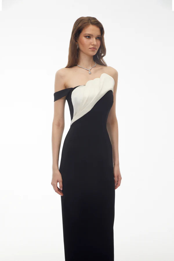 Two-Tone Off The Shoulder Mermaid Floor Length Evening Dress with Scalloped Neckline