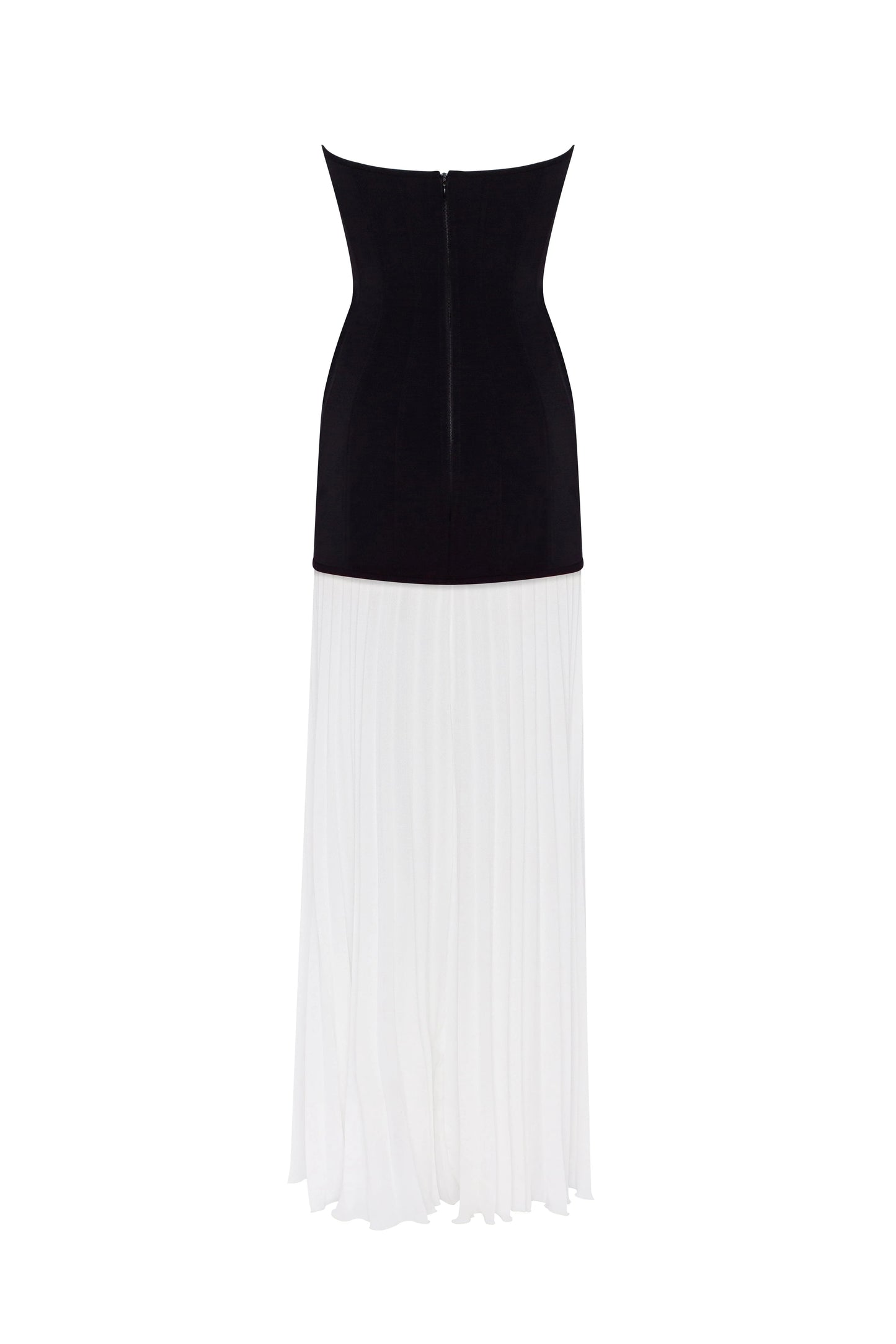 Two-Tone Strapless Evening Dress with Structured Bodice and Pleated Chiffon Skirt