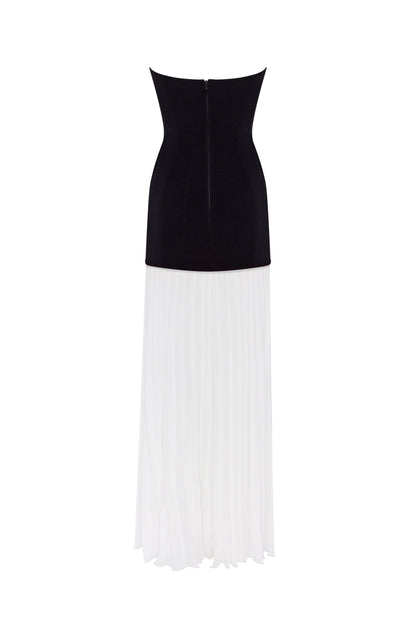 Two-Tone Strapless Evening Dress with Structured Bodice and Pleated Chiffon Skirt