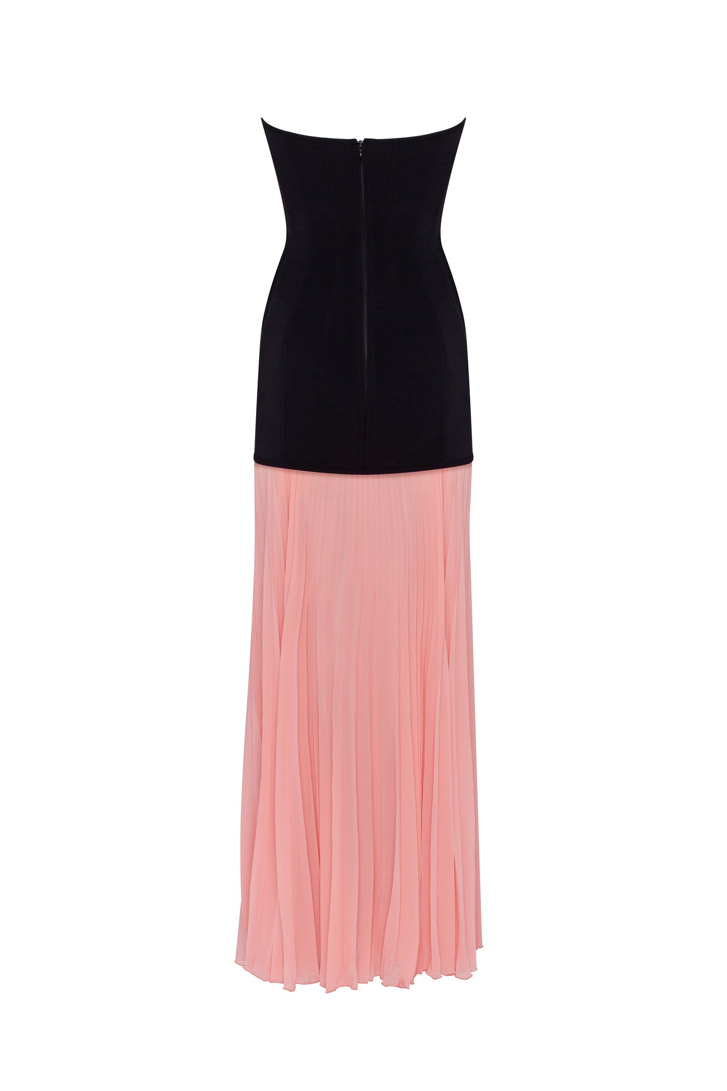Two-Tone Strapless Evening Dress with Structured Bodice and Pleated Chiffon Skirt