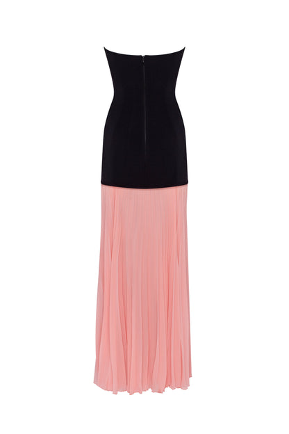 Two-Tone Strapless Evening Dress with Structured Bodice and Pleated Chiffon Skirt