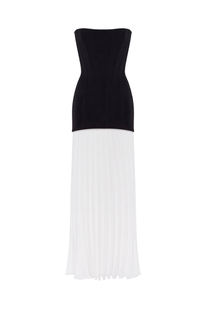 Two-Tone Strapless Evening Dress with Structured Bodice and Pleated Chiffon Skirt