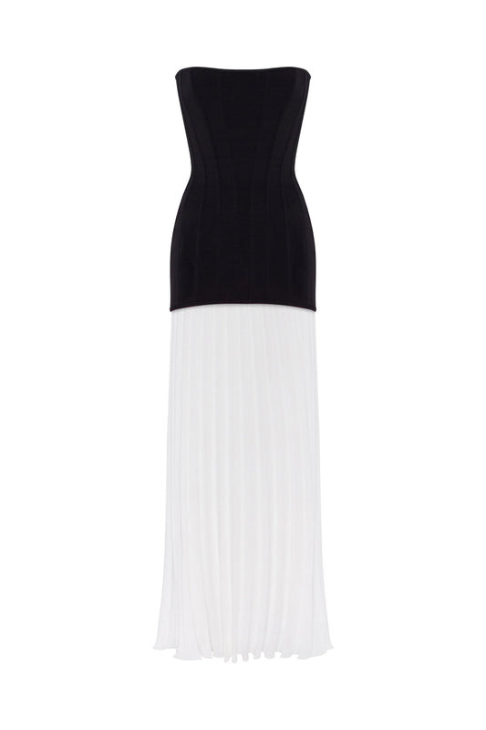 Two-Tone Strapless Evening Dress with Structured Bodice and Pleated Chiffon Skirt