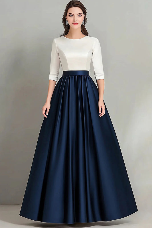 Two-tone satin A-line round-neck three-quarter sleeve floor-length mother of the bride dresses