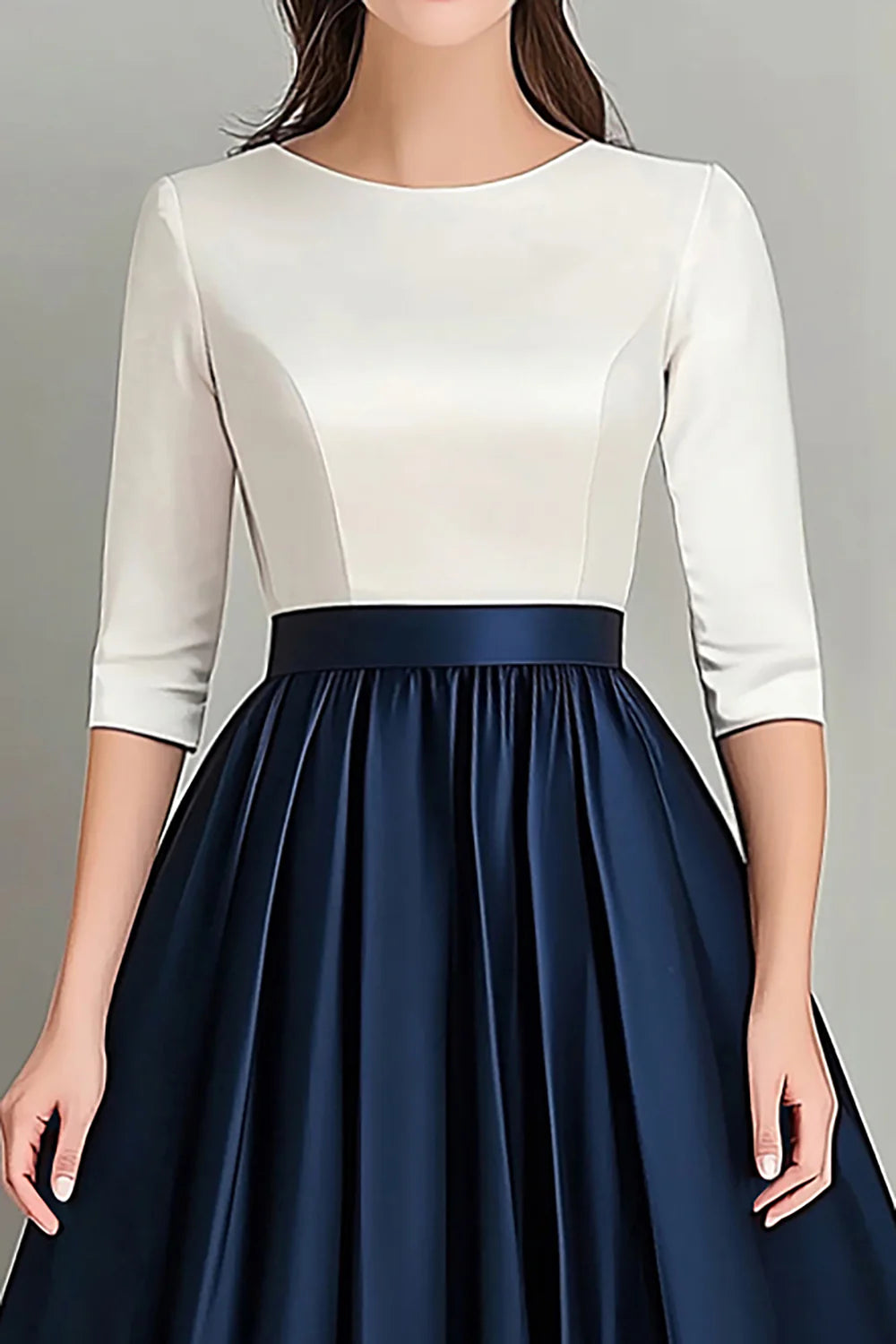 Two-tone satin A-line round-neck three-quarter sleeve floor-length mother of the bride dresses
