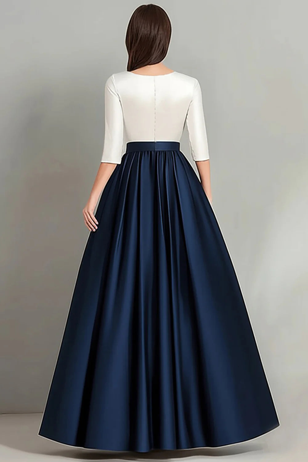 Two-tone satin A-line round-neck three-quarter sleeve floor-length mother of the bride dresses