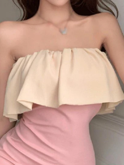 Two Tone Jersey Strapless Mini Bodycon Off Shoulder Ruffle Top Side Ruched Skirt Back Zipper Homecoming Dresses