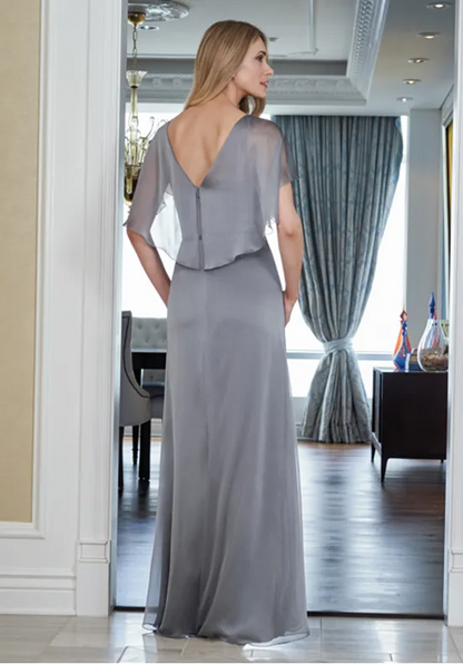 Elegant Chiffon A-Line V-Neck Capelet Beaded Ruffled Mother of the Bride Dress
