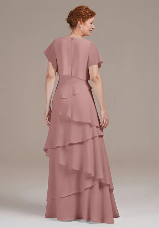 Elegant Chiffon A-Line V-Neck Flutter-Sleeve Tiered Floor-Length Mother of the Bride Dress