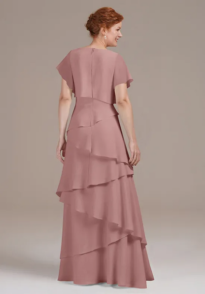 Elegant Chiffon A-Line V-Neck Flutter-Sleeve Tiered Floor-Length Mother of the Bride Dress