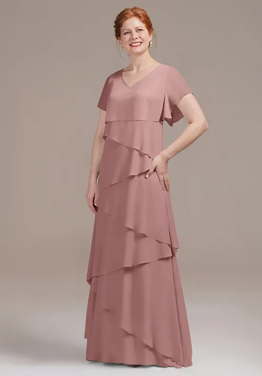 V-Neck Flutter-Sleeve Tiered Chiffon Floor-Length Mother of the Bride Dresses