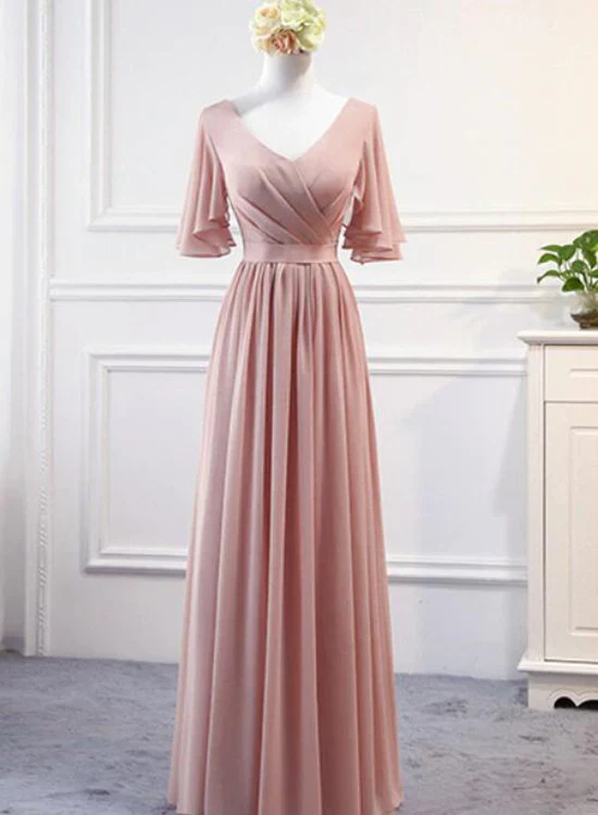 V-Neck Flutter Sleeve Lace-Up Back Chiffon A-Line Prom Dresses