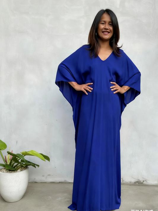 V-Neck Kaftan Evening Dress with Batwing Sleeves, Side Slit and Flowy Silhouette
