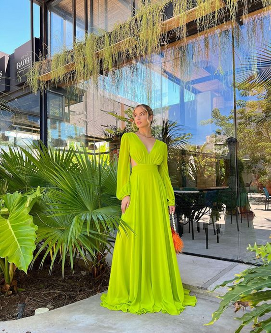 V-Neck Long Sleeve Cutout Waist Backless Floor-Length Chiffon Prom Dresses