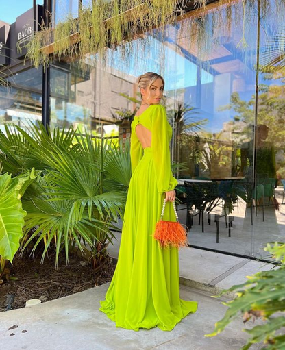 Elegant Chiffon A-Line V-Neck Long Sleeve Cutout Backless Prom Dress