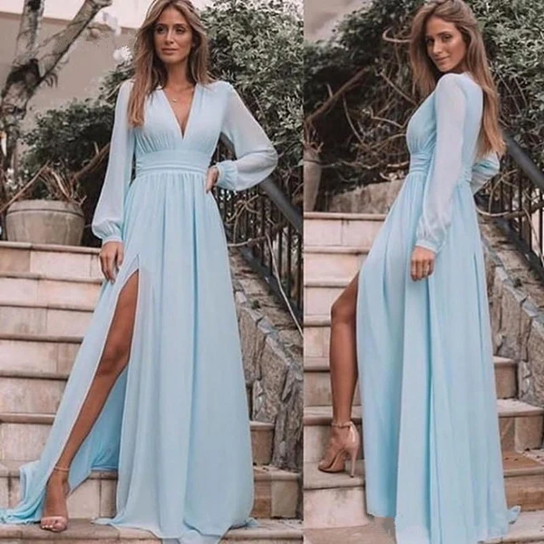 V-Neck Long Sleeve High Slit Chiffon A-Line Prom Dresses