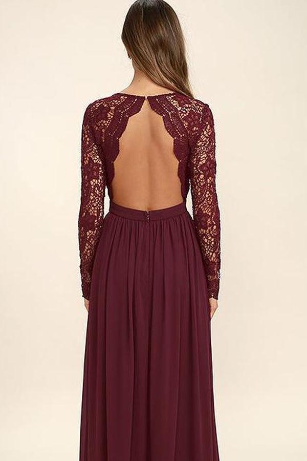 Mature V-neck long sleeved deep Burgundy lace chiffon ball evening gown