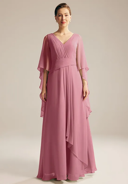 Elegant Chiffon A-Line V-Neck Capelet Sleeves Pleated Floor-Length Mother of the Bride Dress