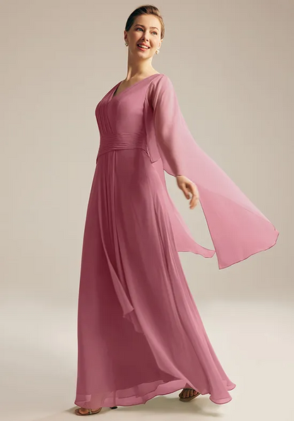 Elegant Chiffon A-Line V-Neck Capelet Sleeves Pleated Floor-Length Mother of the Bride Dress