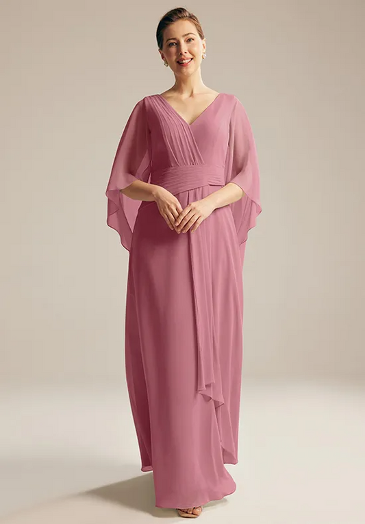 V-Neck Pleated Bodice Capelet Sleeves A-Line Floor-Length Mother of the Bride Dresses