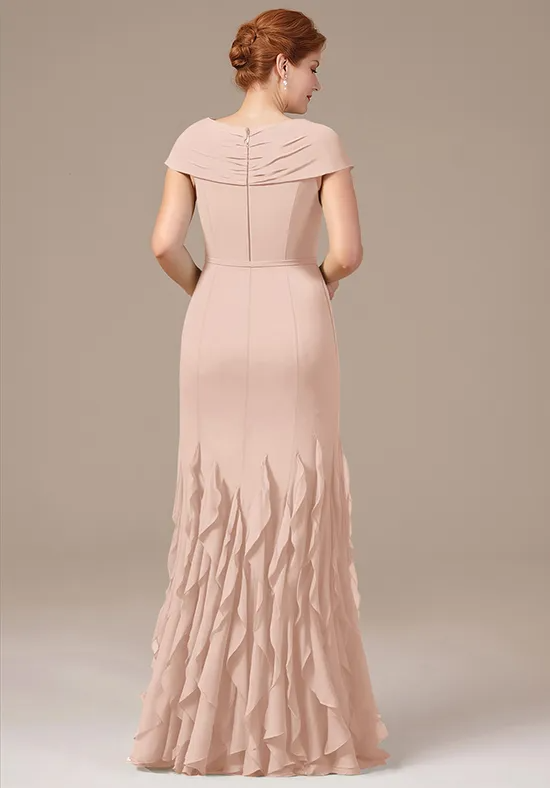Elegant Chiffon Mermaid V-Neck Cap Sleeve Ruched Flounce Mother of the Bride Gown