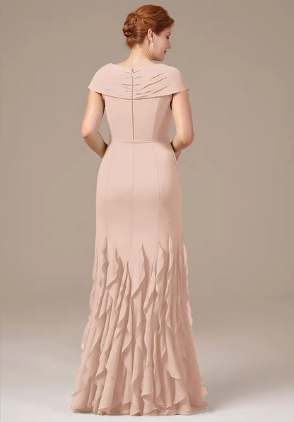 Elegant Chiffon Mermaid V-Neck Cap Sleeve Ruched Flounce Mother of the Bride Gown