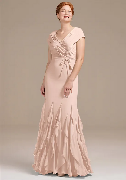 Elegant Chiffon Mermaid V-Neck Cap Sleeve Ruched Flounce Mother of the Bride Gown