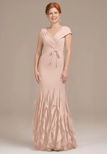 Elegant Chiffon Mermaid V-Neck Cap Sleeve Ruched Flounce Mother of the Bride Gown
