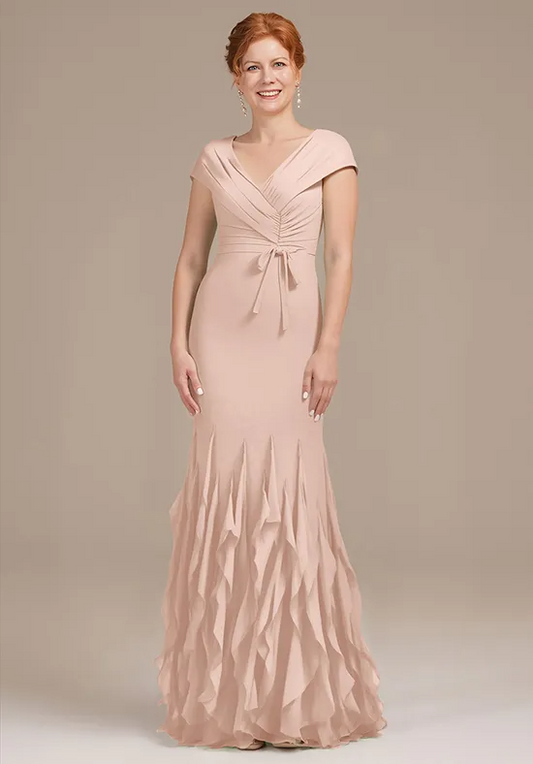 V-Neck Ruched Bodice Cap Sleeve Flounce Hem Mermaid Floor-Length Mother of the Bride Dresses