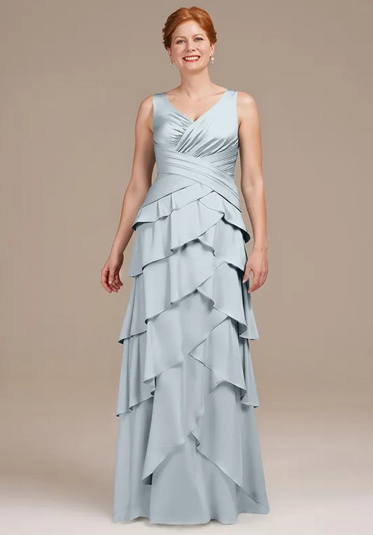 V-Neck Ruched Bodice Tiered Ruffle Floor-Length Mother of the Bride Dresses