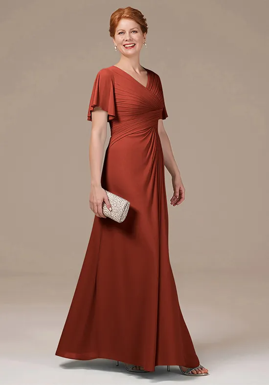Elegant A-Line V-Neck Ruched Flutter-Sleeve Floor-Length Mother of the Bride Dress